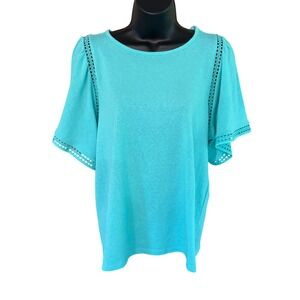 LOFT Women Teal Blue Eyelet Crochet Trim Flutter Sleeve Knit Top Size L